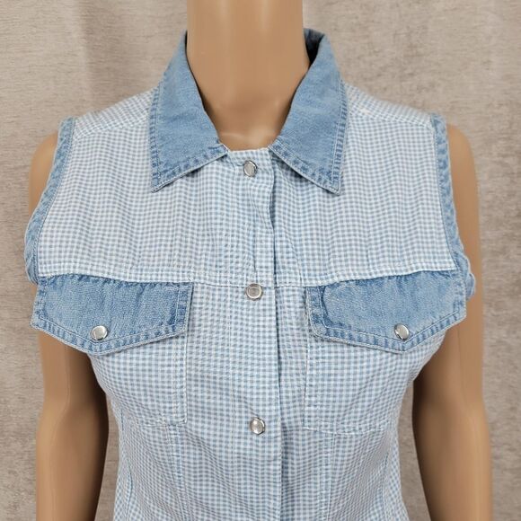 Sasson Vintage 90s Blue Gingham and Denim Sleeveless Pearl Snap Shirt Western - Picture 2 of 7